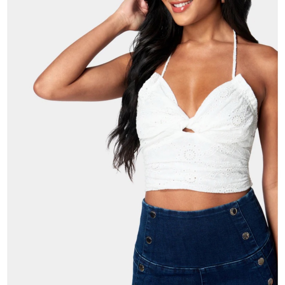 bebe White Eyelet Halter Crop Top